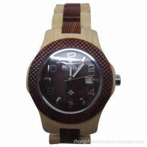 Tense Solid Wooden Watch with Mesh Pattern Bezel, Japanese Movement, Various Designs are Available
